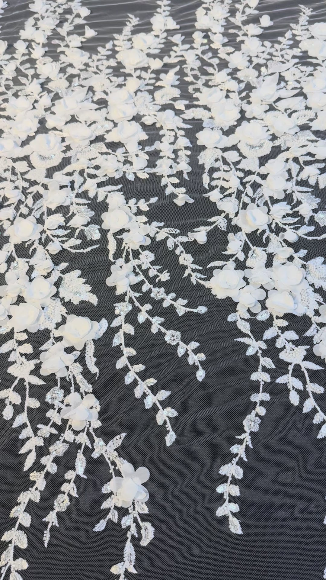 Luxury White 3D Floral Embroidered Lace with Sequins & Beads – Bridal & Evening Couture Fabric (1 Piece is 4 Meter)