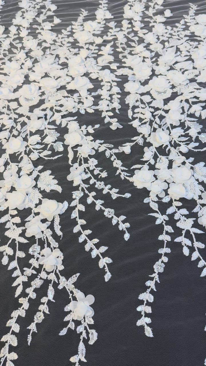 Luxury White 3D Floral Embroidered Lace with Sequins & Beads – Bridal & Evening Couture Fabric (1 Piece is 4 Meter)