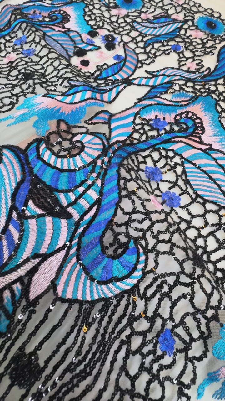 Luxury Blue & Lilac Embroidered Lace with Black Sequin Detailing