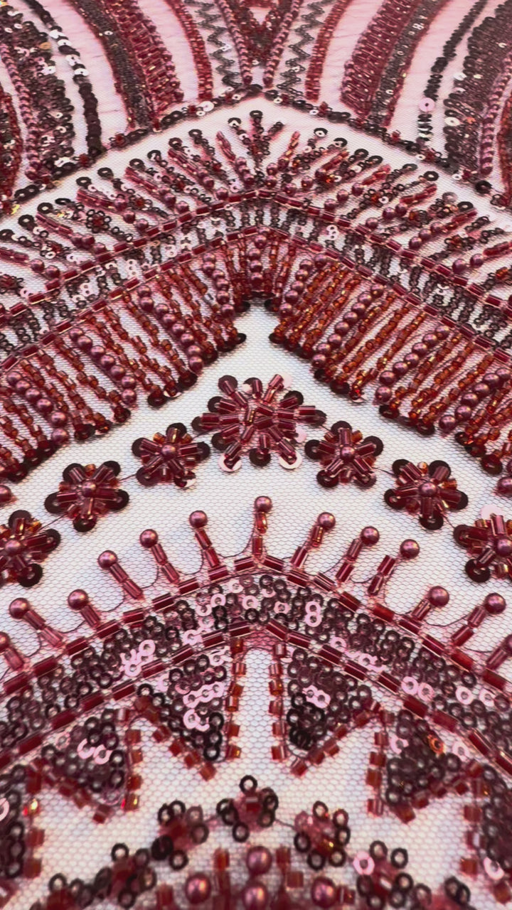 Luxury Burgundy Embroidered Tulle Fabric (1 Piece = 3 Meter)