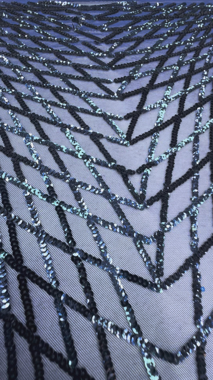 Midnight Mirage – Navy Chevron Sequin Embroidered Mesh