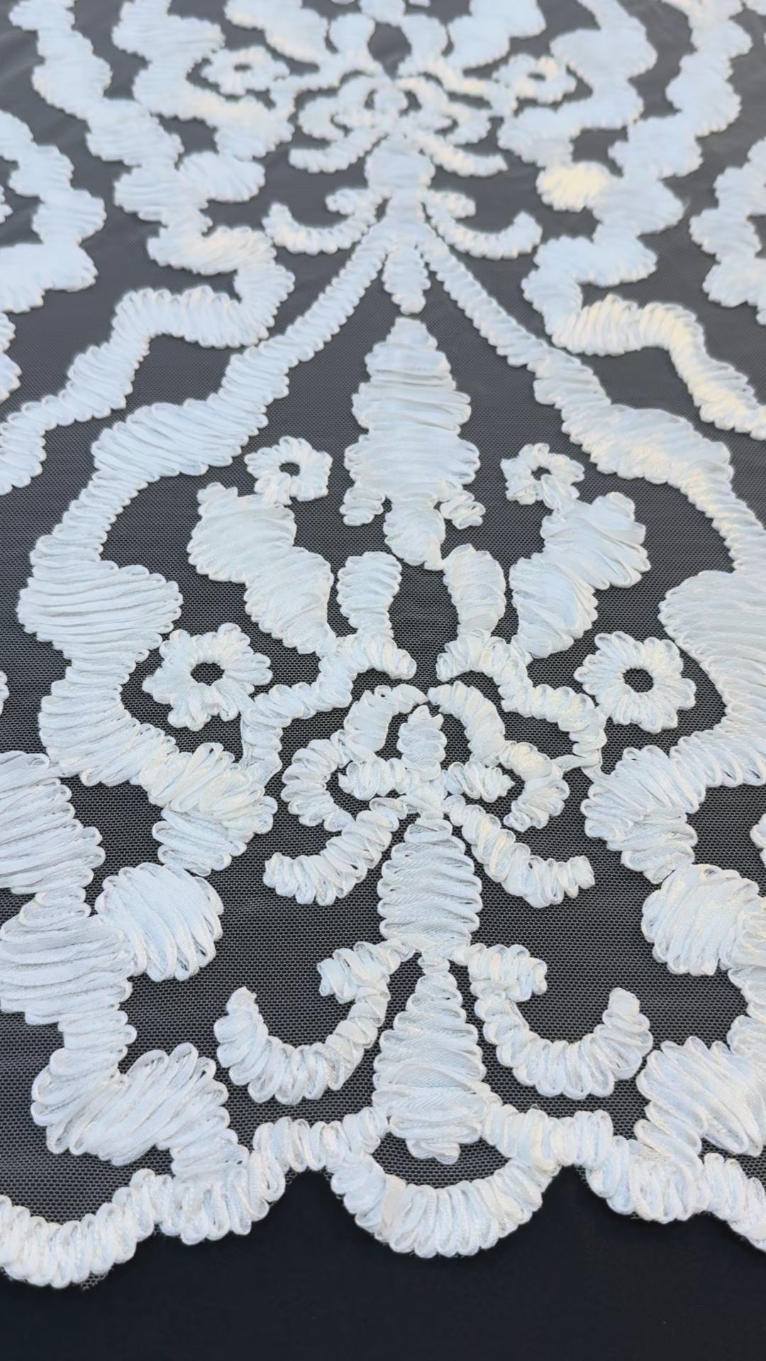 Luxury Baroque Satin Cord Embroidered Lace Fabric – White Satin Thread on Black Tulle