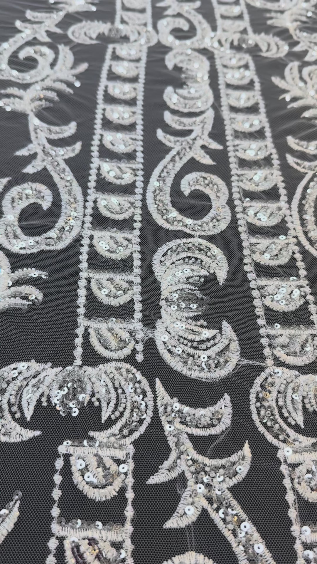 Luxury Off-white Embroidered Tulle with Sequins – Baroque Motif Evening & Bridal Fabric