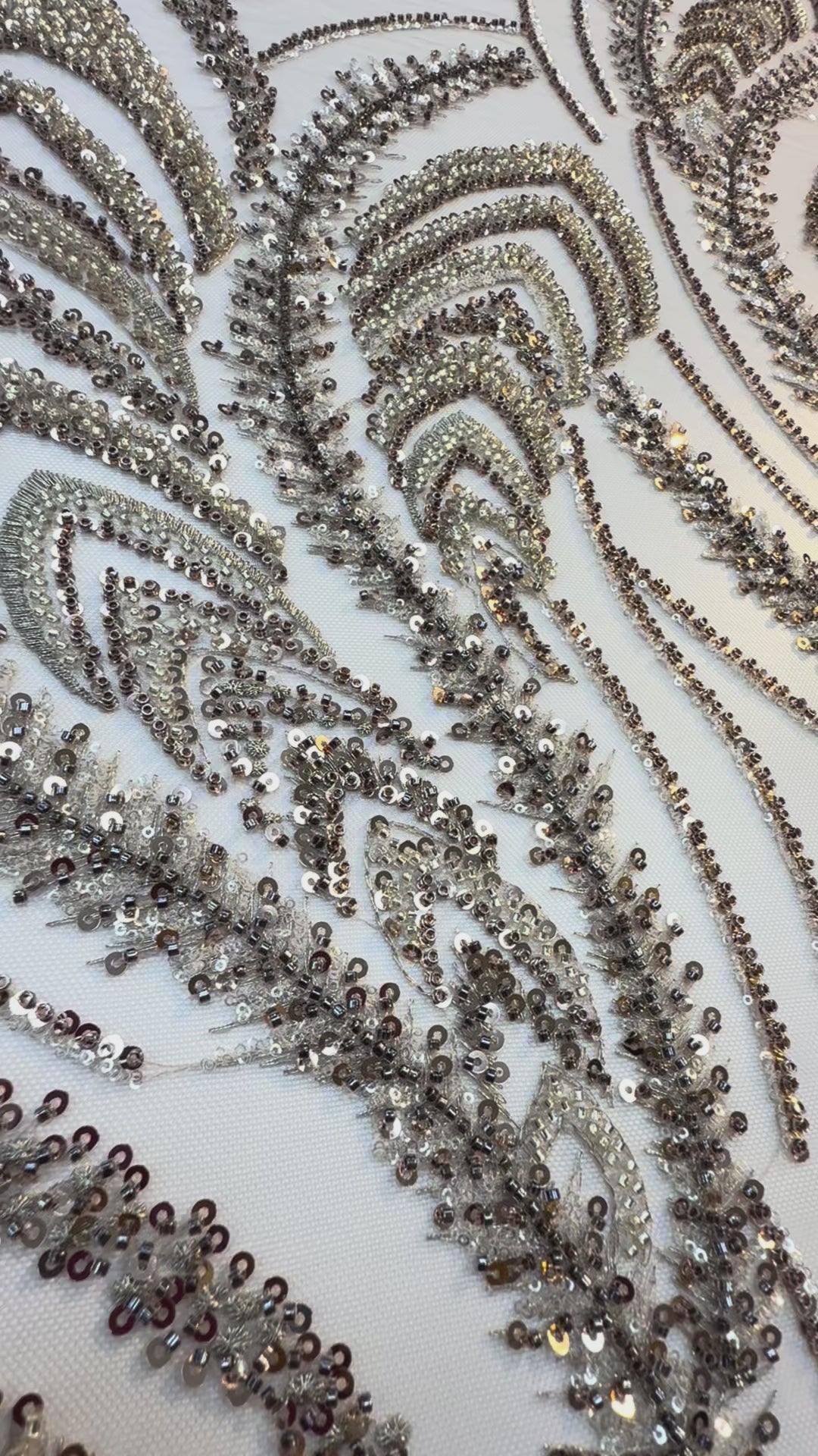 Luxury Blush Gold Sequin Embroidered Tulle Fabric – Feather & Leaf Pattern ( 1 piece = 4 Meter)