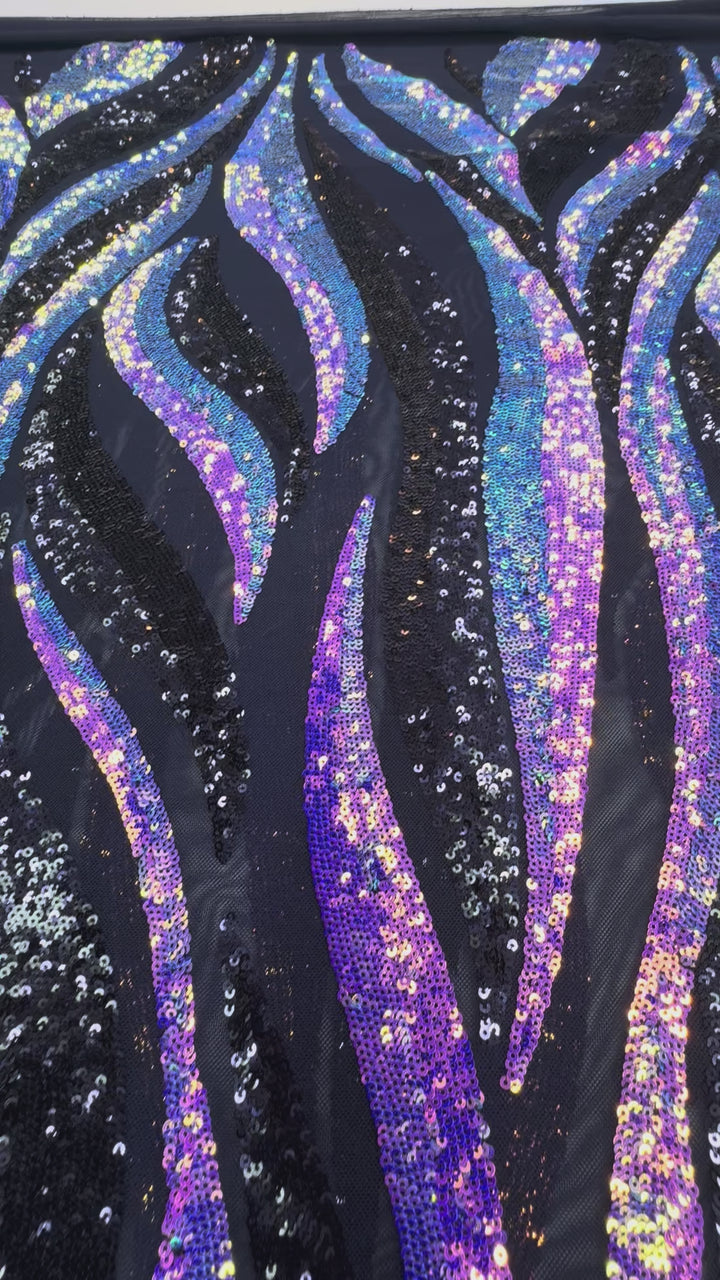 Iridescent Purple and Gold Sequin Fabric on Black Mesh ( 1 Piece = 3.5 Meter)