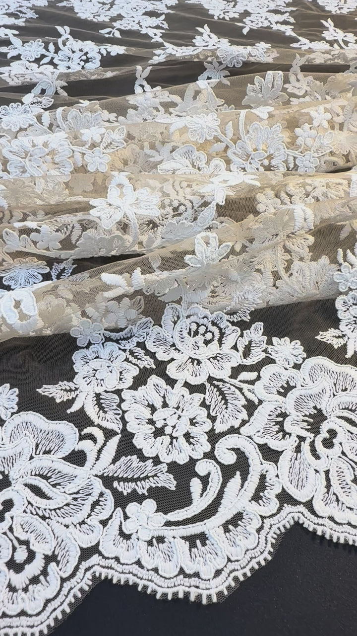 Luxury Nude Tulle with White Floral Embroidered Lace & Scalloped Edge – Bridal & Haute Couture