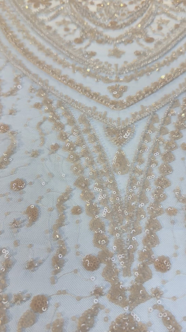 Light Peach Sequin & Beaded Embroidered Fabric ( 1 Piece = 3 Meter)