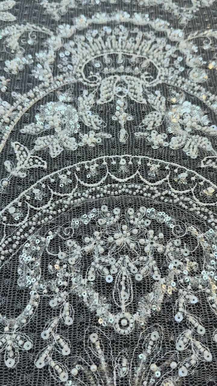 Luxury Baroque Silver Sequin Embroidered Tulle Lace – Royal Couture Fabric( 1 Piece = 3 Meter)
