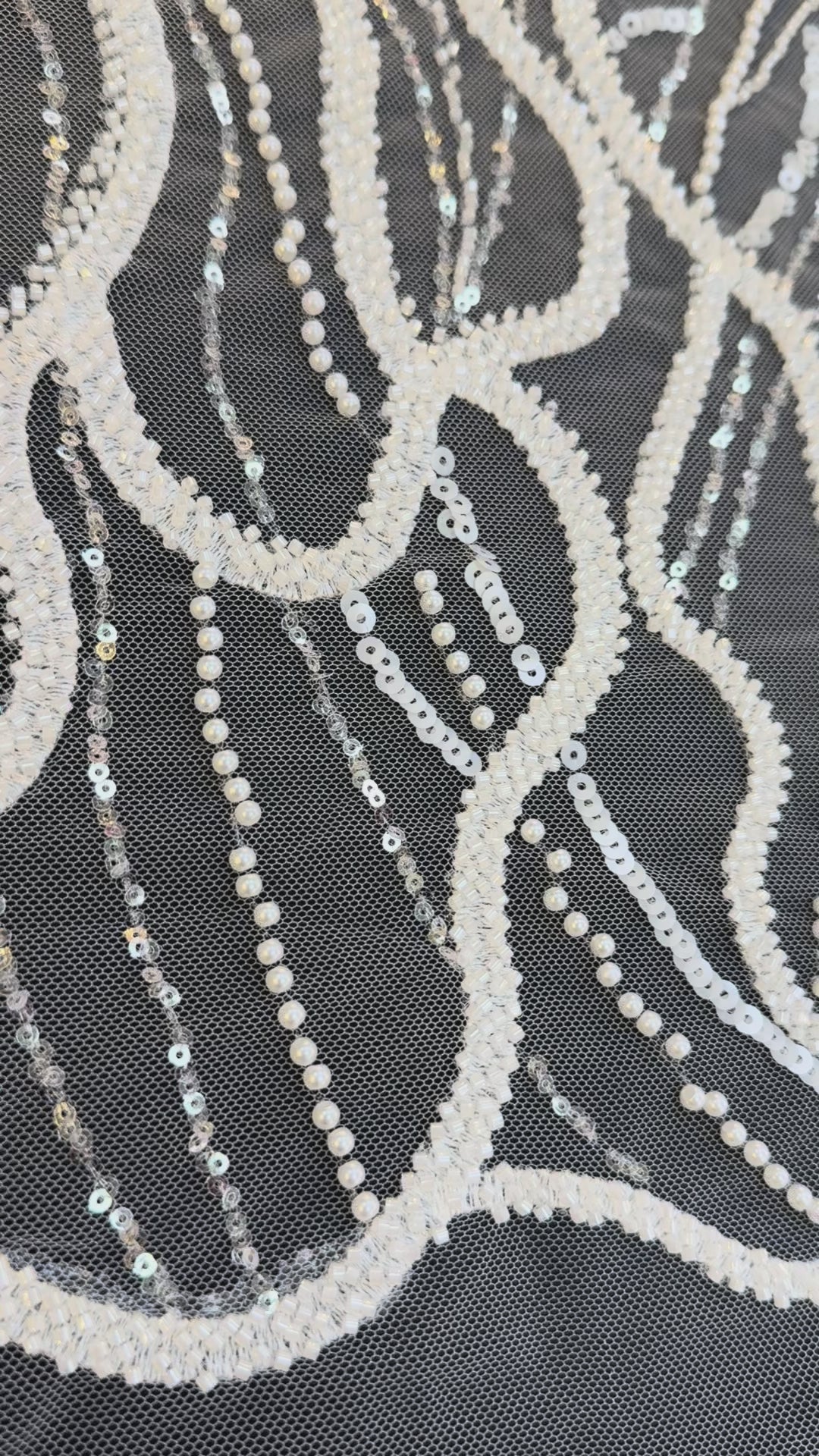 Luxury Off-white Lace with Silver Sequin Abstract Waves( 1 Piece = 2 Meter)