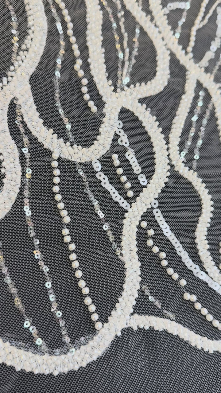 Luxury Off-white Lace with Silver Sequin Abstract Waves( 1 Piece = 2 Meter)