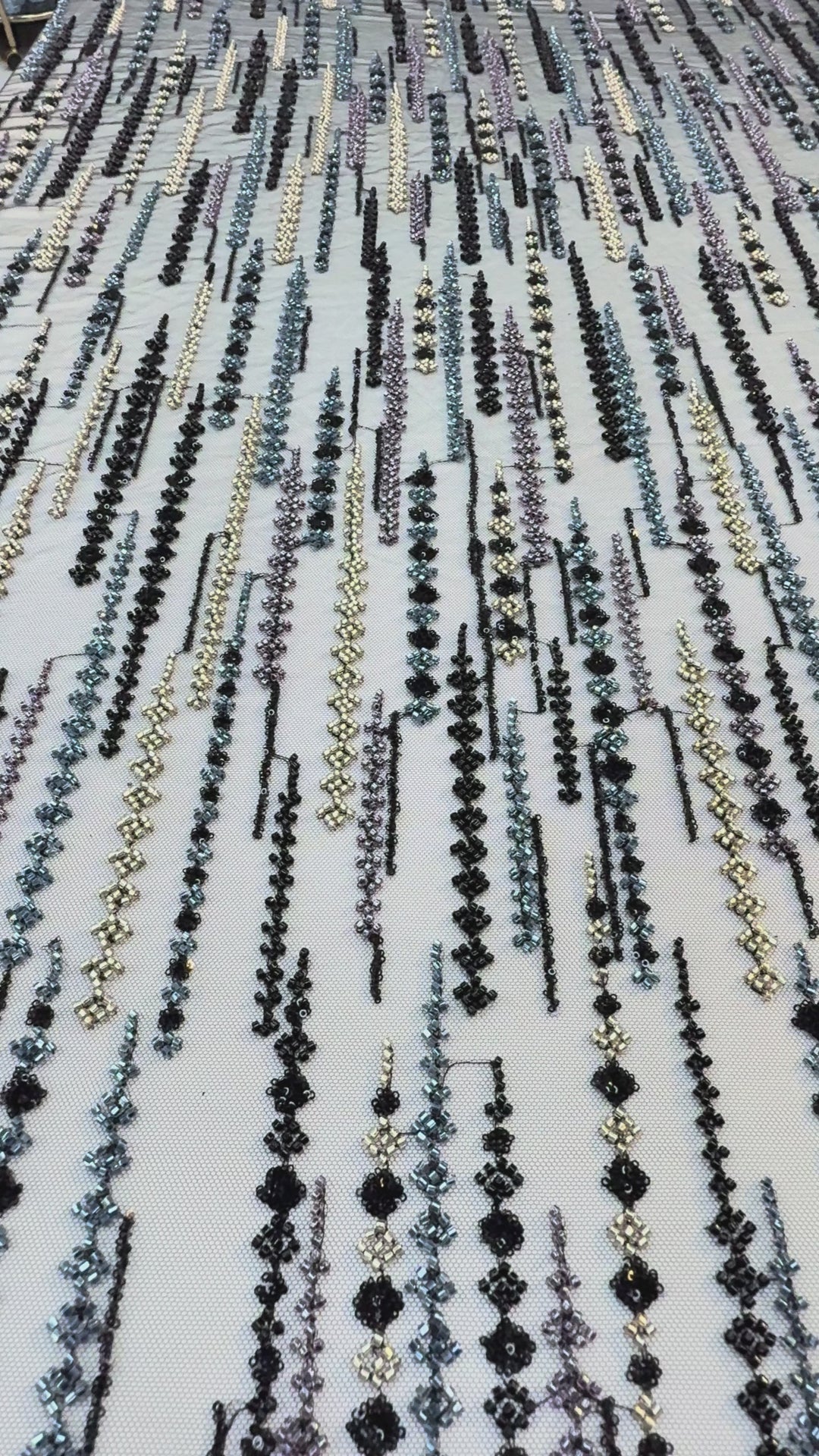 Black, Purple & Metallic Beaded Stripe Tulle Fabric – Luxury Couture Material for Evening & Designer Wear (1 Piece = 3 Meter)