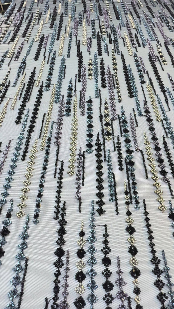 Black, Purple & Metallic Beaded Stripe Tulle Fabric – Luxury Couture Material for Evening & Designer Wear (1 Piece = 3 Meter)