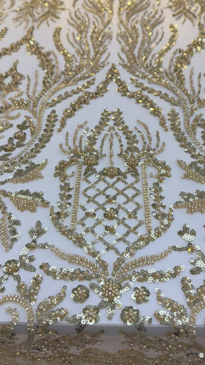 Luxury Gold Beaded & Sequin Embroidered Tulle Fabric