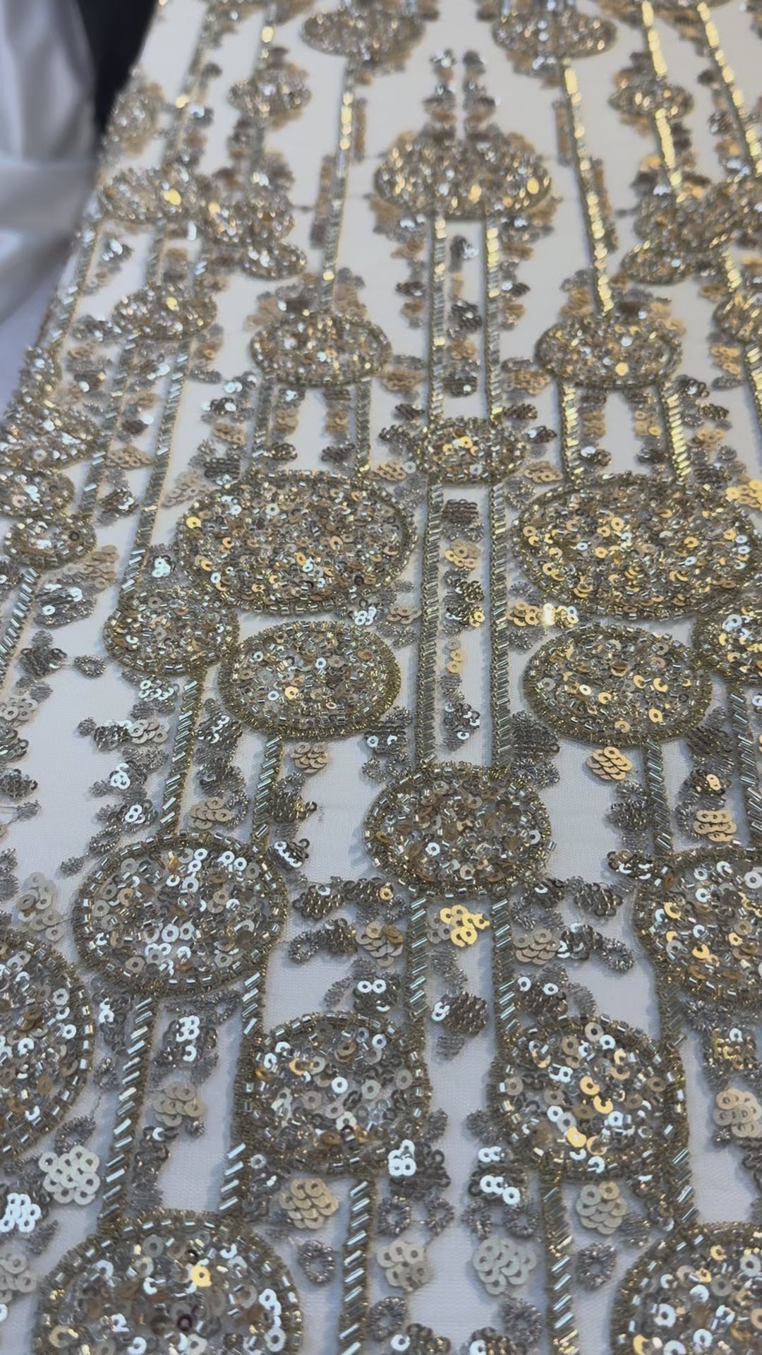 Luxury Gold Sequin & Bead Embroidered Abstract Tulle Fabric – Couture & Bridal (1 Piece = 4 Meters)