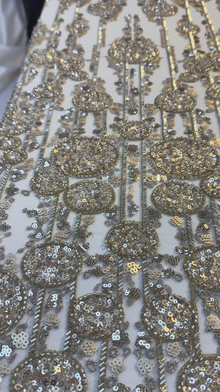 Luxury Gold Sequin & Bead Embroidered Abstract Tulle Fabric – Couture & Bridal (1 Piece = 4 Meters)