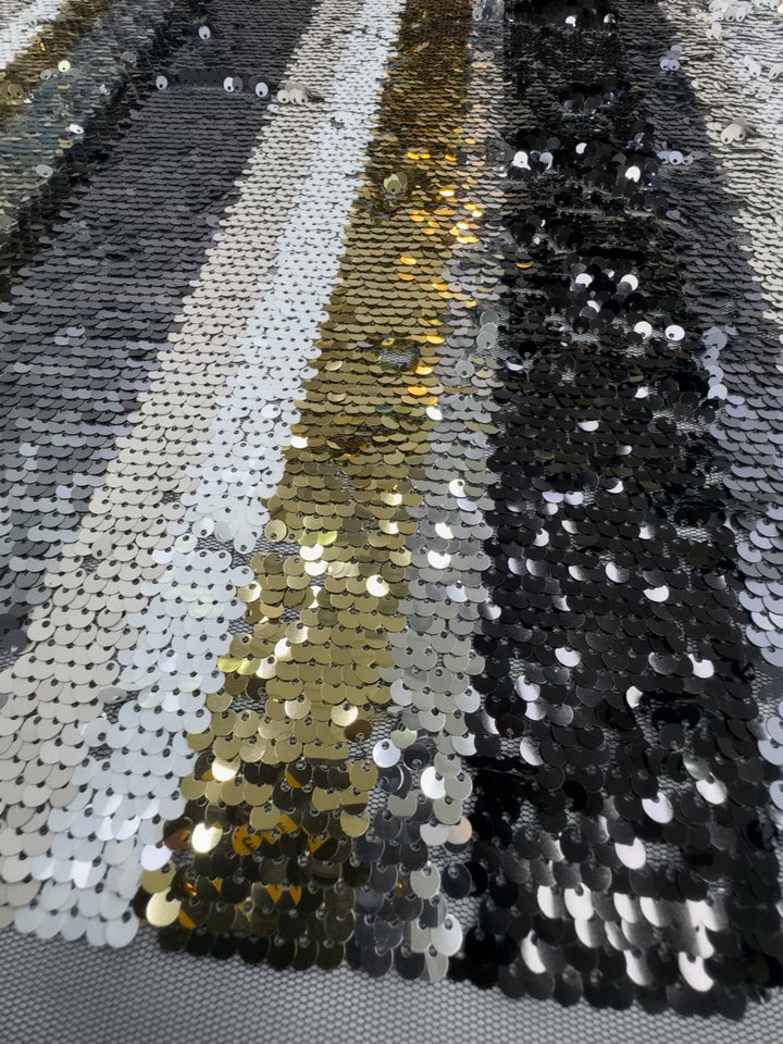 Luxury Striped Sequin Fabric – Black, Silver & Gold Multitone Glamour