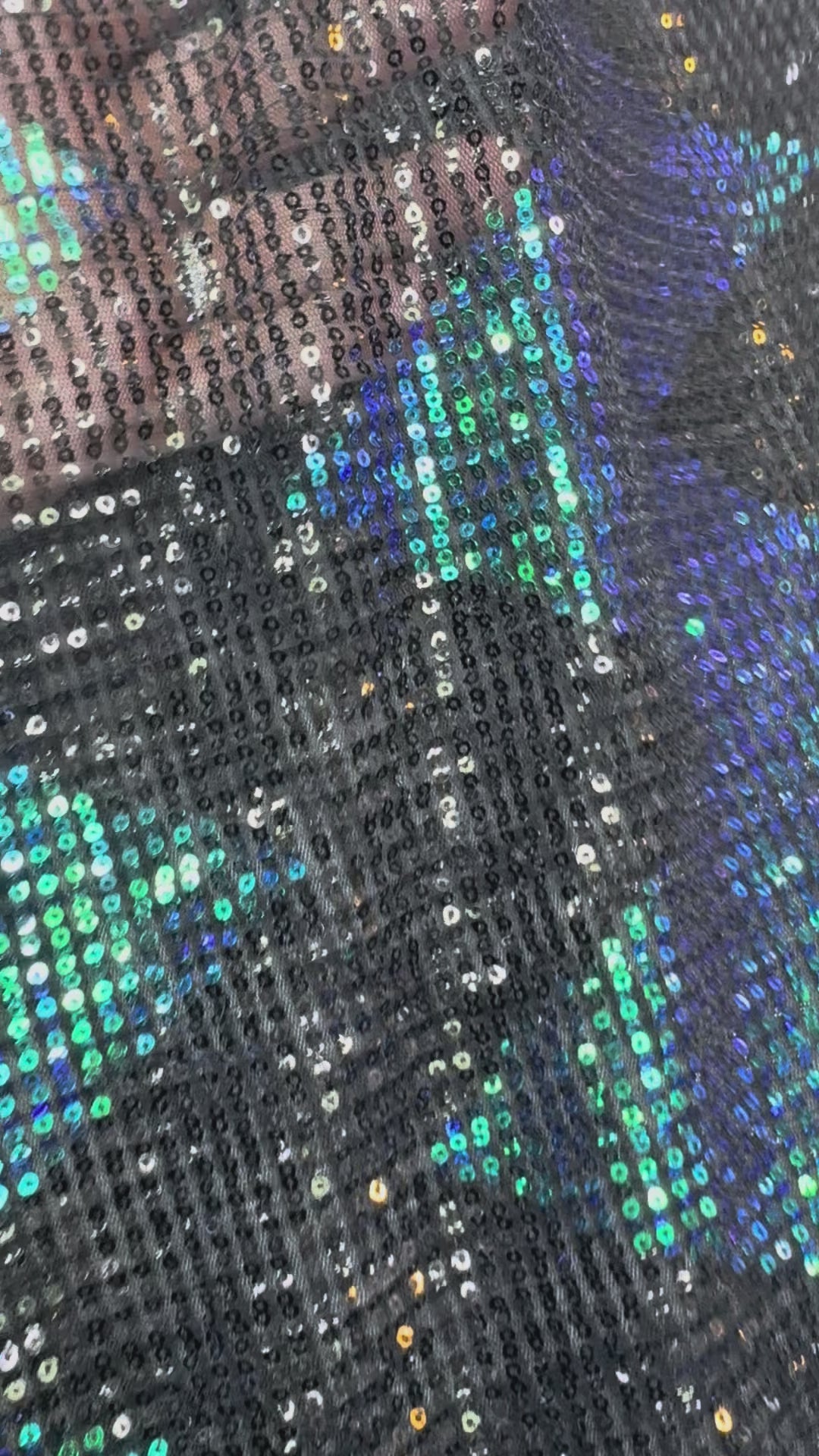 Blue-Green Iridescent Chevron Sequin Fabric on Black Mesh