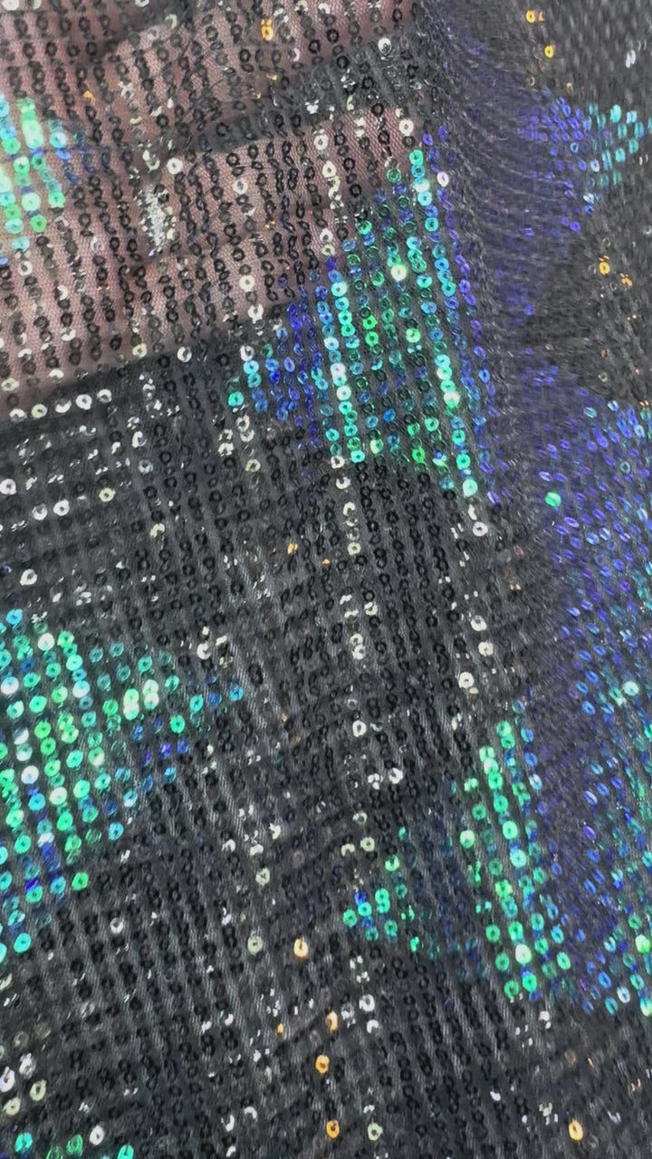 Blue-Green Iridescent Chevron Sequin Fabric on Black Mesh