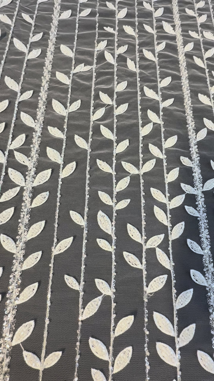 Luxury Beaded Vine Embroidered Tulle Fabric – Silver Leaves on White Mesh( 1 Piece = 2 Meter)