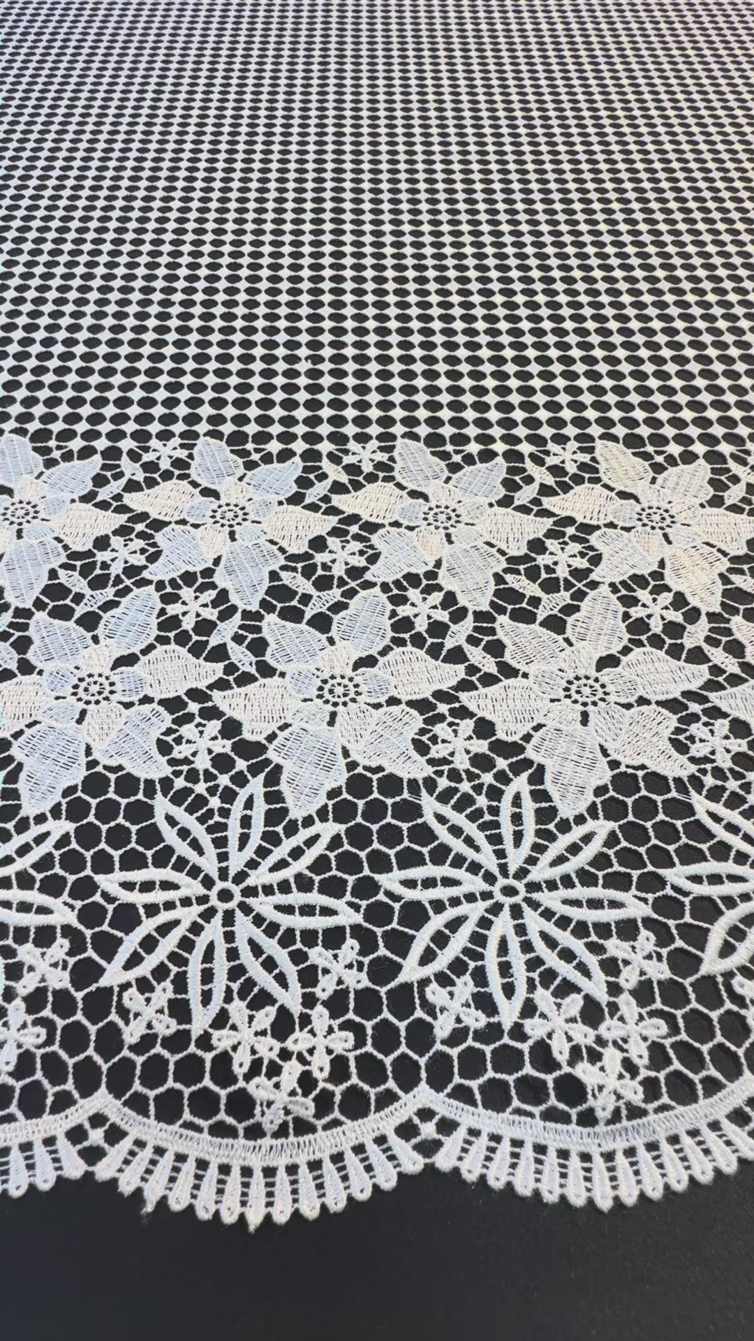 Luxury White Floral Border Lace Fabric – Geometric Net with Embroidered Flowers