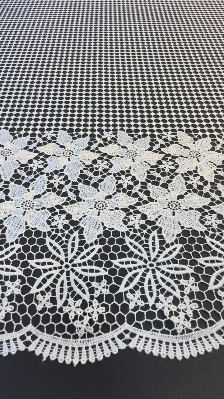 Luxury White Floral Border Lace Fabric – Geometric Net with Embroidered Flowers