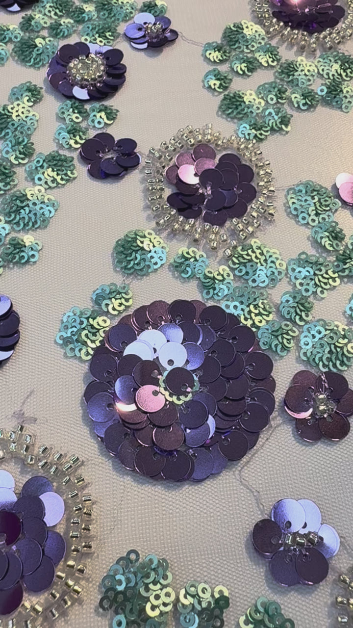 Luxury Purple & Aqua Floral Sequin Embroidered Tulle Fabric – Haute Couture Exclusive