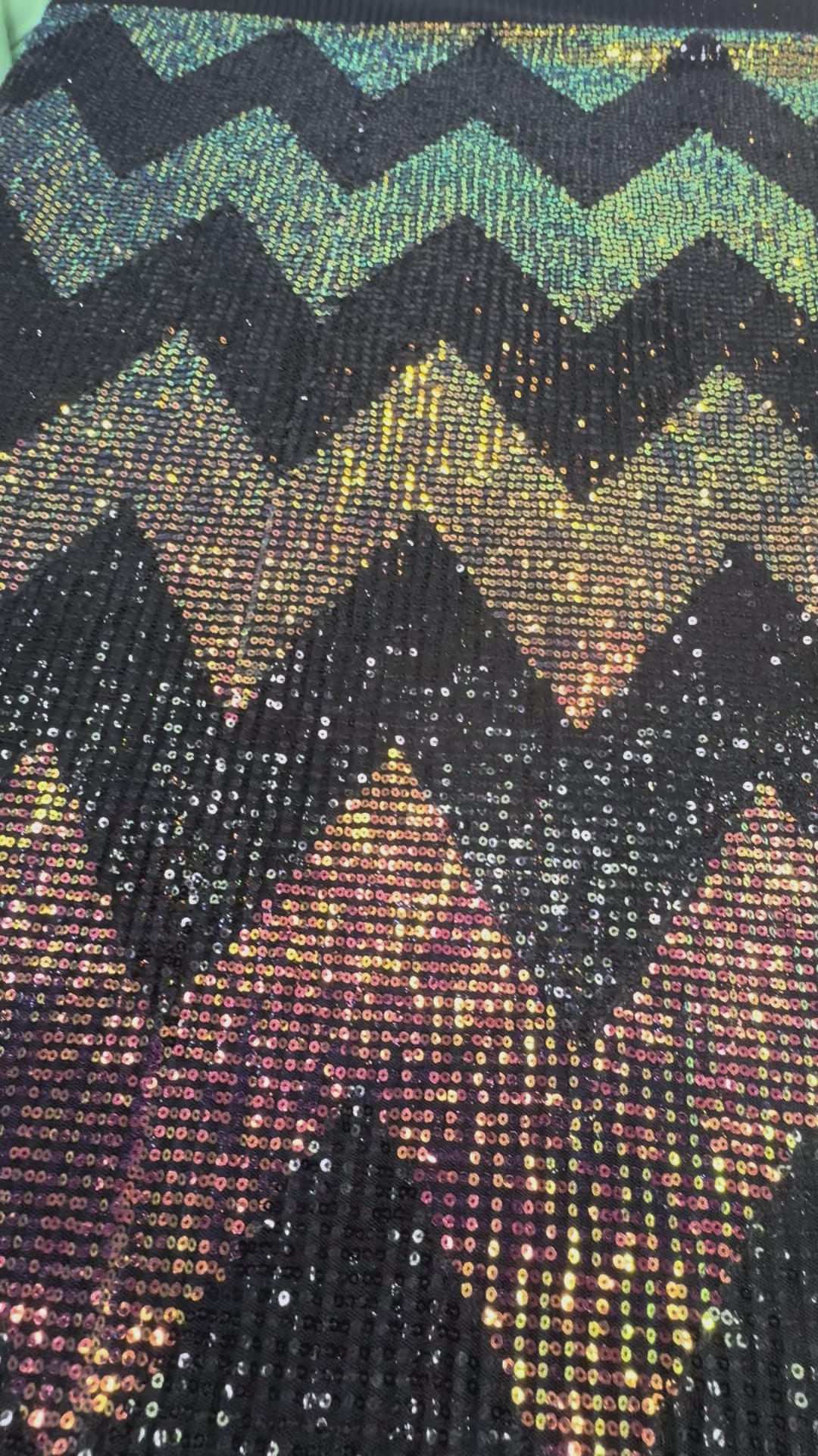 Chevron Holographic Sequin Fabric on Black Mesh