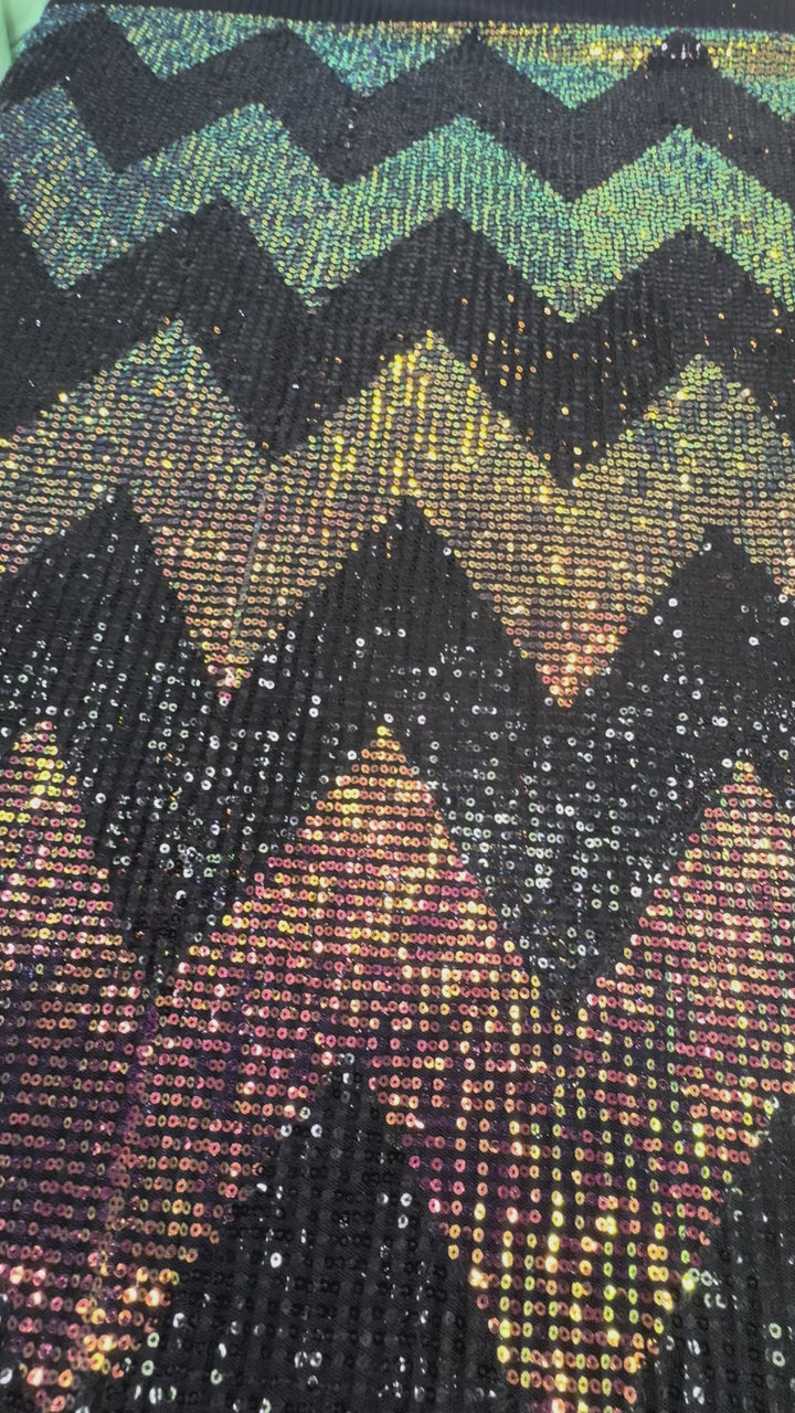 Chevron Holographic Sequin Fabric on Black Mesh