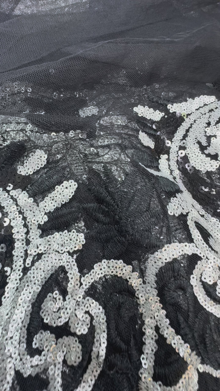 Black & Silver Baroque Sequin Lace – Regal Embroidered Couture Fabric