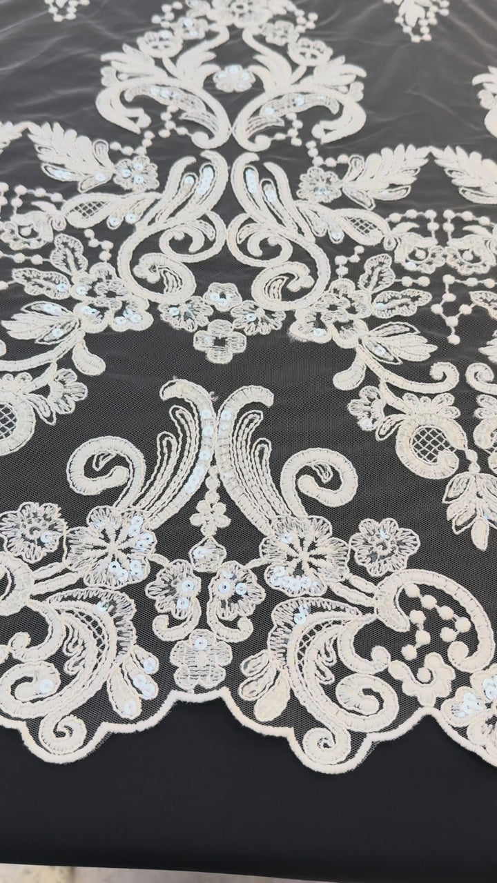 Luxury Off-white Bridal Lace with Sequins & Floral Embroidery( 1 Piece = 3.5 Meter)