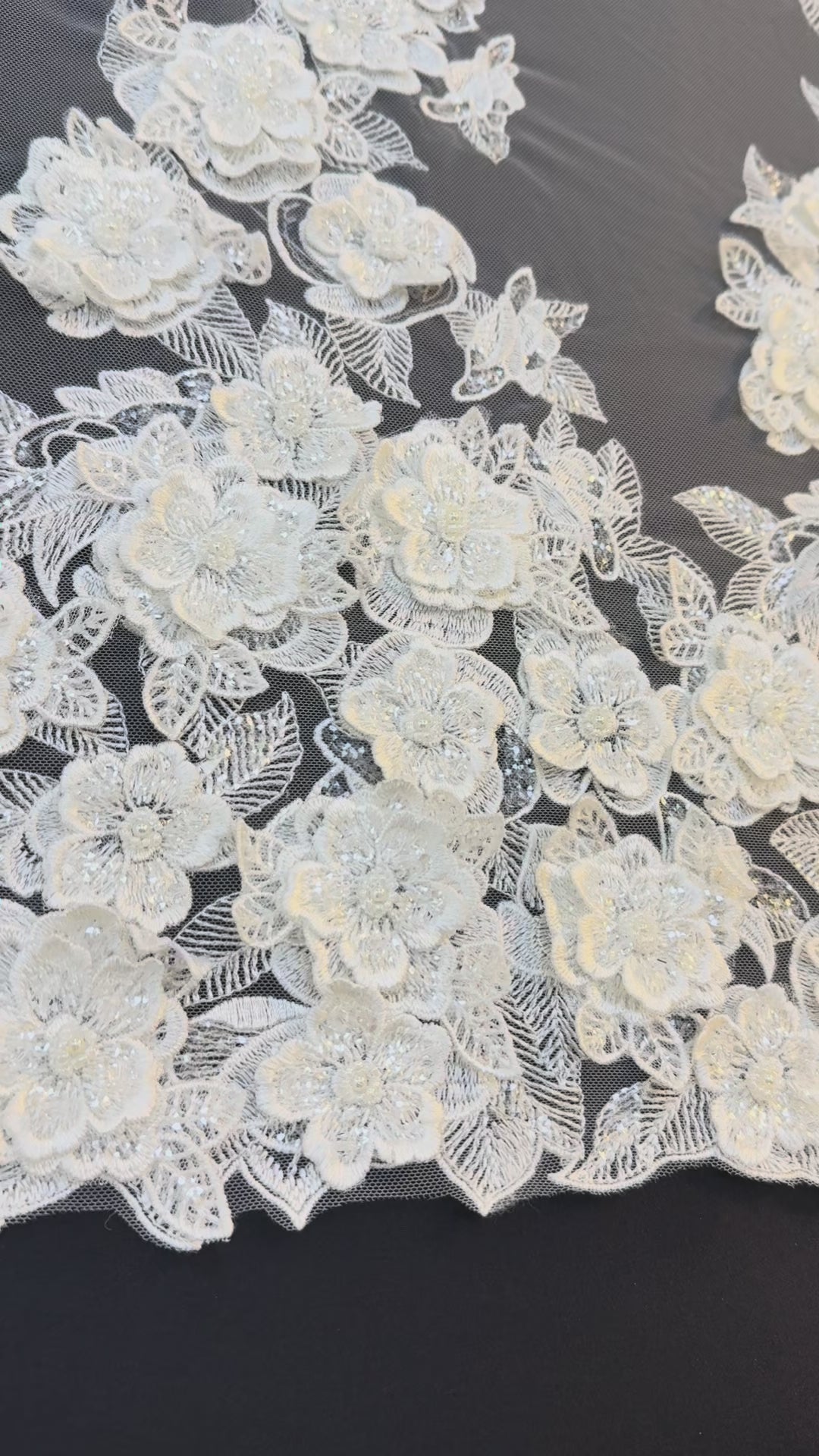 Ivory 3D Floral Beaded Lace Fabric with Sequins – Luxury Bridal Lace( 1 Piece = 2 Meter)