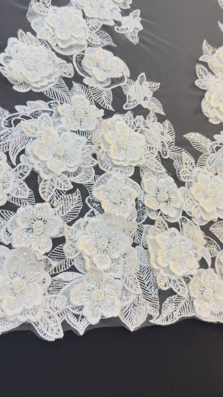 Ivory 3D Floral Beaded Lace Fabric with Sequins – Luxury Bridal Lace( 1 Piece = 2 Meter)