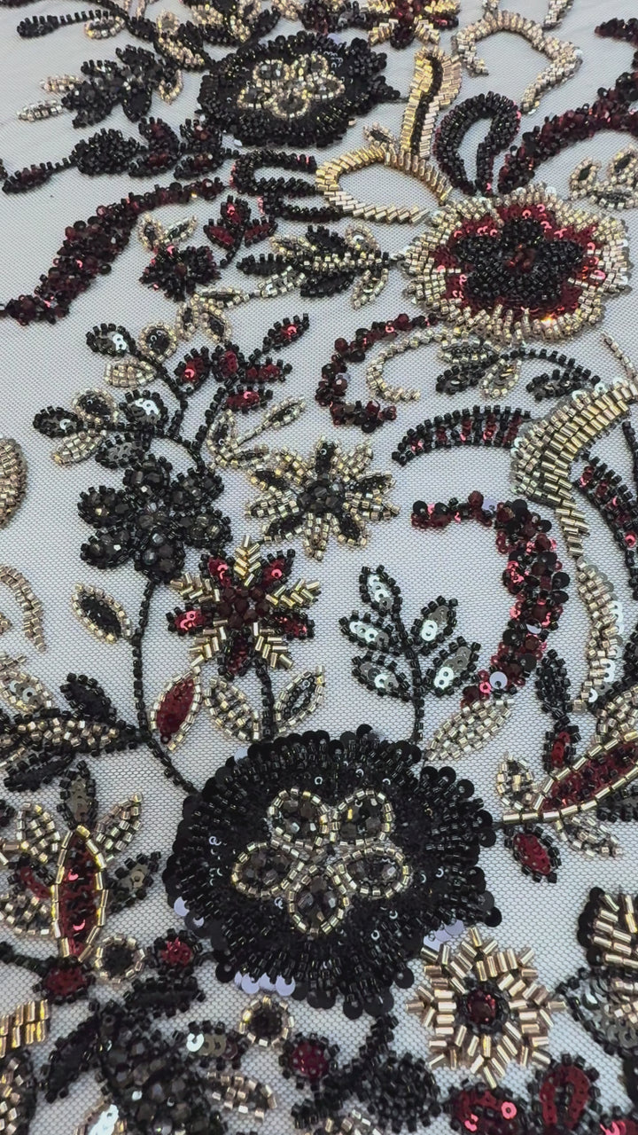 Black, Red & Gold Beaded Floral Embroidery on Tulle – Luxury Couture Fabric (1 Piece = 4 Meter)