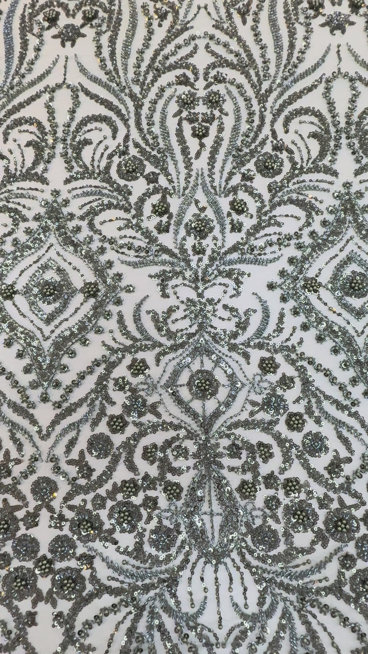 Emerald Green Beaded Baroque Embroidery on Tulle – Luxury Couture Fabric (1 Piece = 3 Meter)