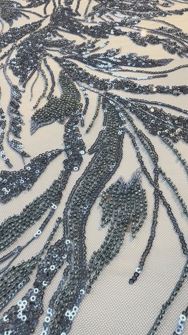 Luxury Steel Blue Sequin & Beaded Embroidered Tulle Fabric( 1 Piece = 2.5 Meter)