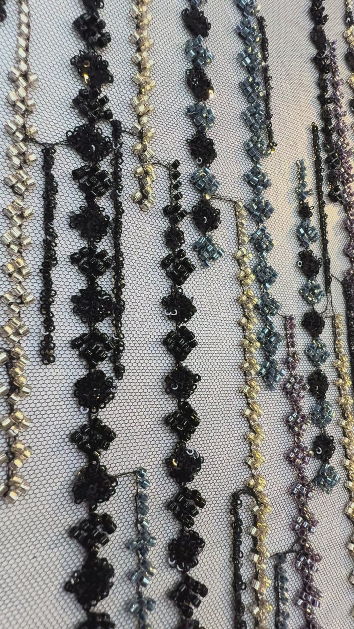 Black, Purple & Metallic Beaded Stripe Tulle Fabric – Luxury Couture Material for Evening & Designer Wear (1 Piece = 3 Meter)
