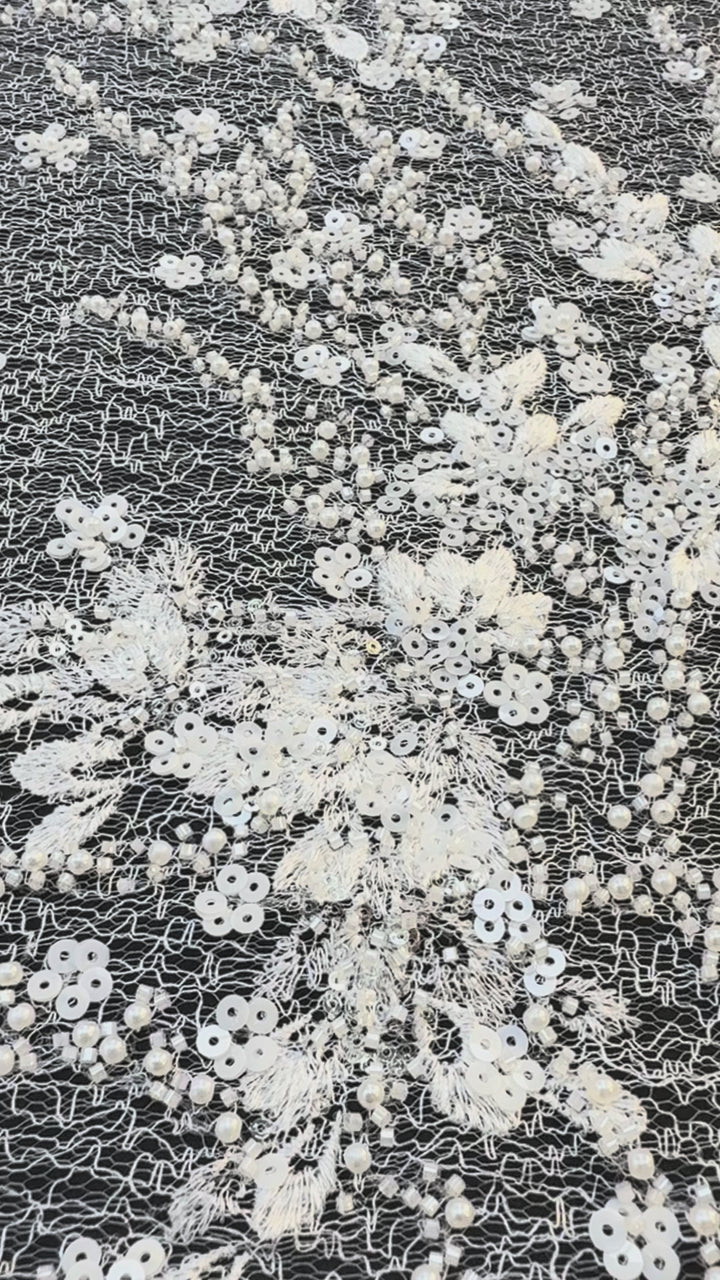 Luxury White Floral Beaded Lace with Sequins & Pearls on Net