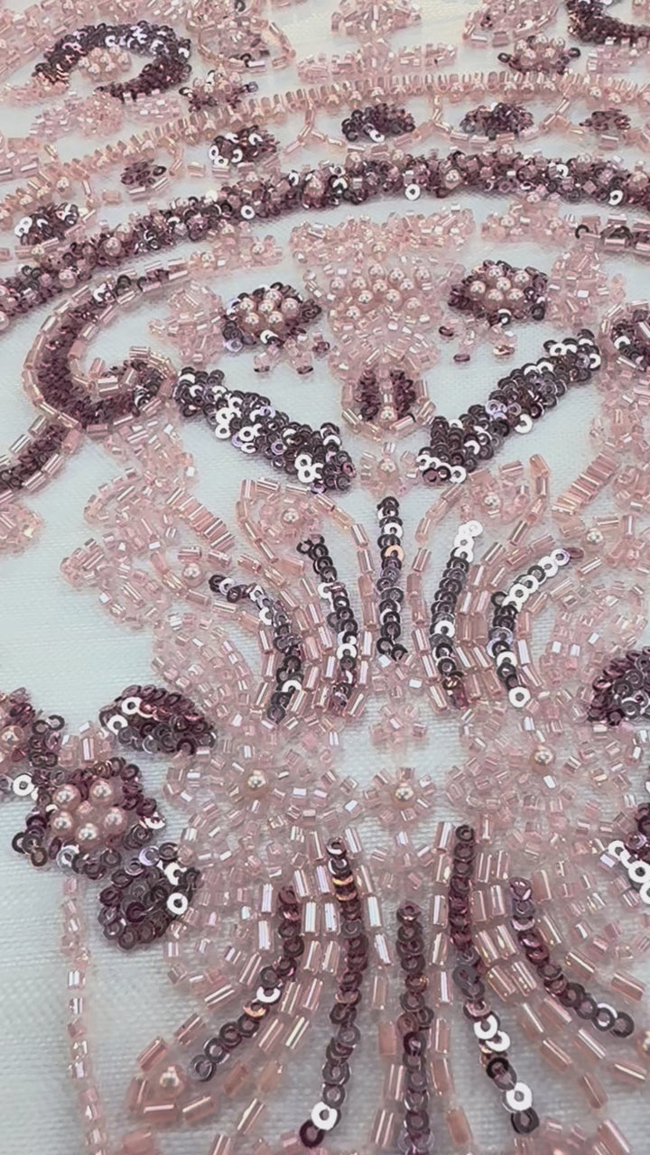 Luxury Light Pink Beaded & Sequin Embroidered Tulle Fabric – Haute Couture Bridal & Evening Wear