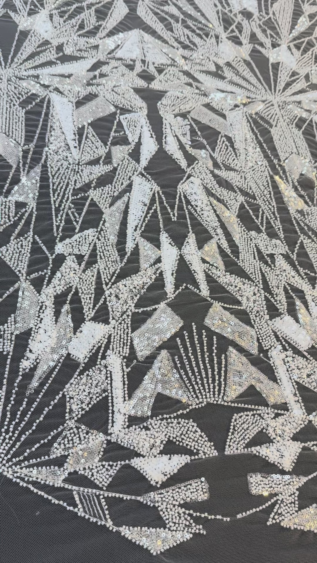 Art Deco Geometric Sequin Tulle Fabric –White Silver Embellished Luxury Couture( 1 Piece = 4 Meter)