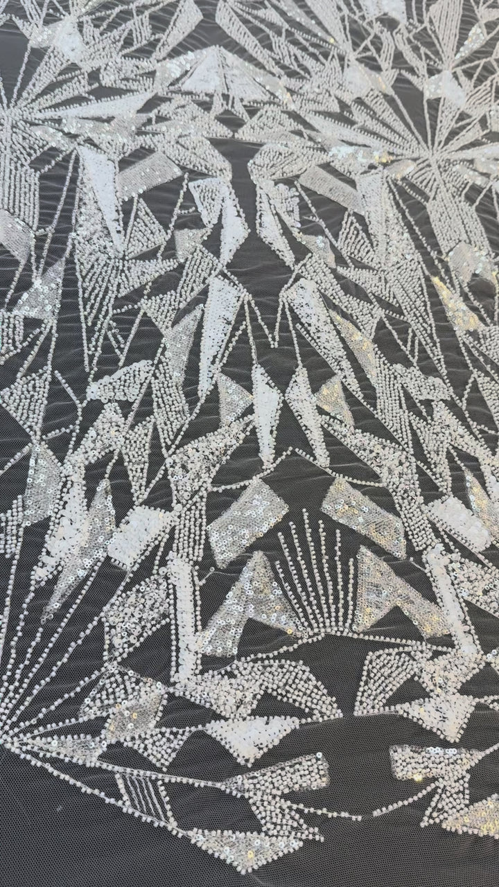 Art Deco Geometric Sequin Tulle Fabric –White Silver Embellished Luxury Couture( 1 Piece = 4 Meter)