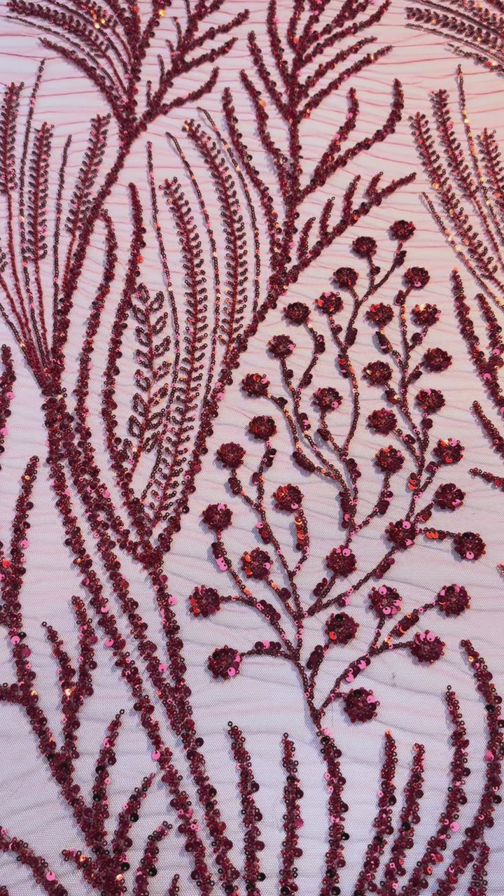 Luxury Red Sequin Floral Embroidered Tulle Fabric – Haute Couture Evening & Bridal Wear