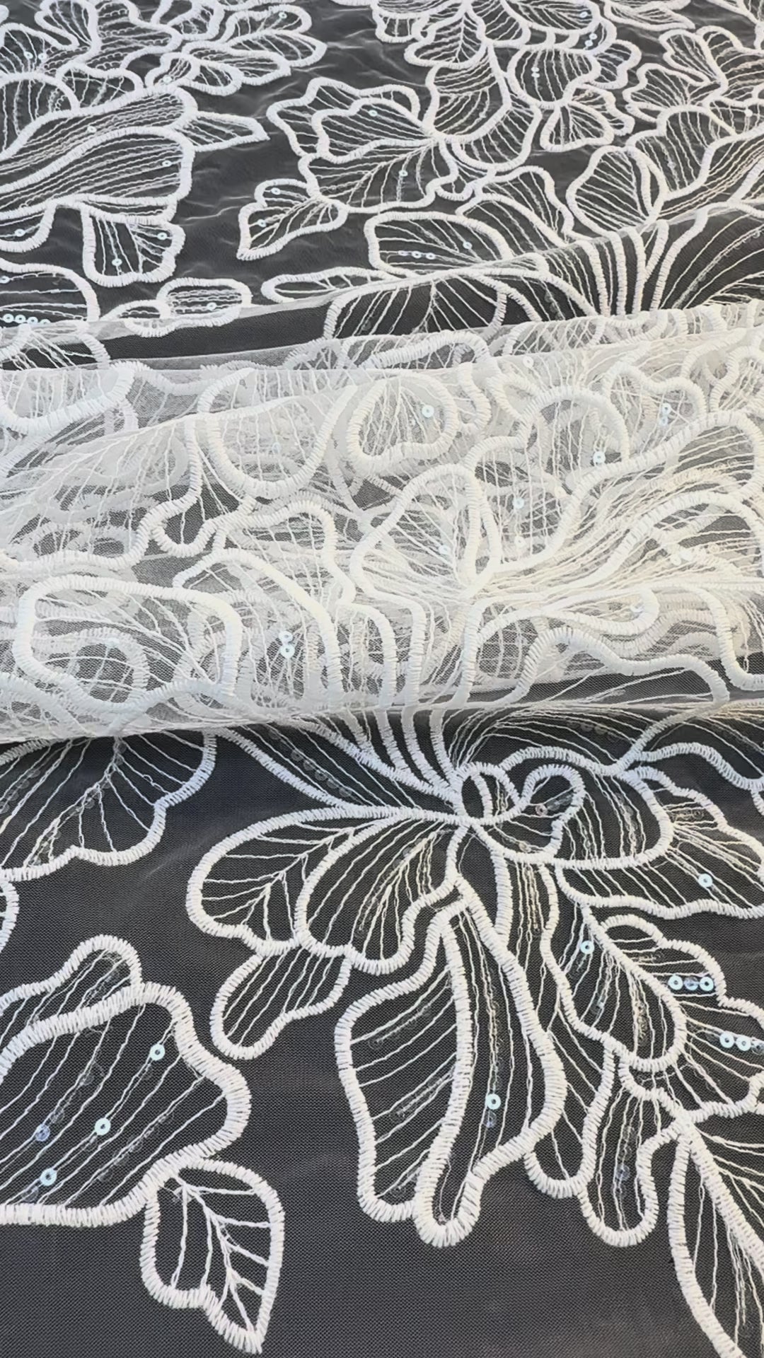 Luxury Romantic Floral Embroidered Tulle with Sequins – White