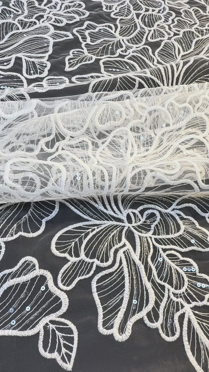 Luxury Romantic Floral Embroidered Tulle with Sequins – White