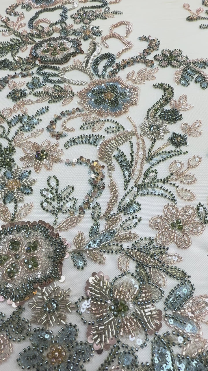 Luxury Beaded Tulle Fabric with Metallic Floral Embroidery & Sequins – Haute Couture Evening & Bridal Wear
