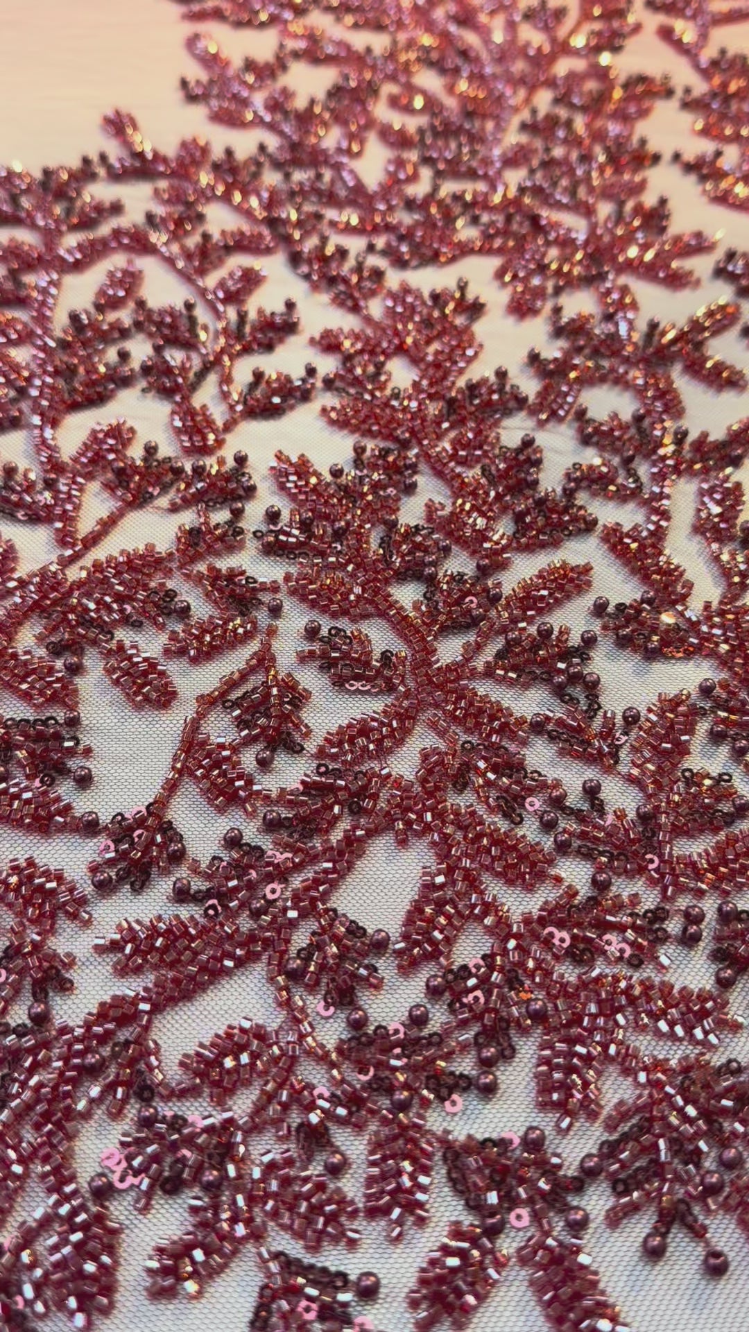 000Luxury Burgundy Beaded Tulle with Stones & Pearls – Handcrafted Couture Fabric for Evening & Bridal Gowns( 1 Piece = 2 Meter)