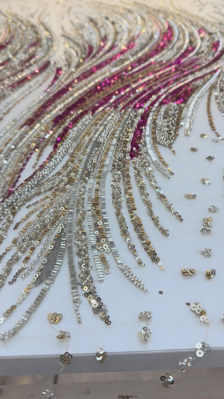 Luxury Multicolor Wave Sequin Fabric – Fuchsia, Silver & Gold Beaded Tulle