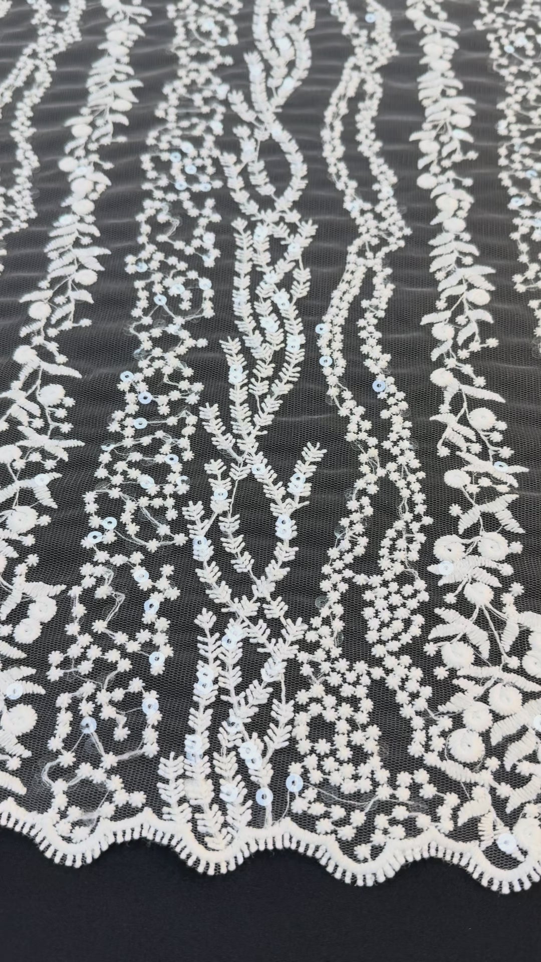 0Luxury White Floral Sequin Embroidered Tulle Lace Fabric – Bridal & Evening Wear