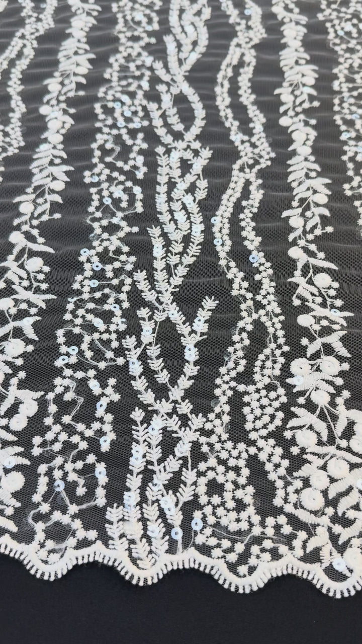 0Luxury White Floral Sequin Embroidered Tulle Lace Fabric – Bridal & Evening Wear