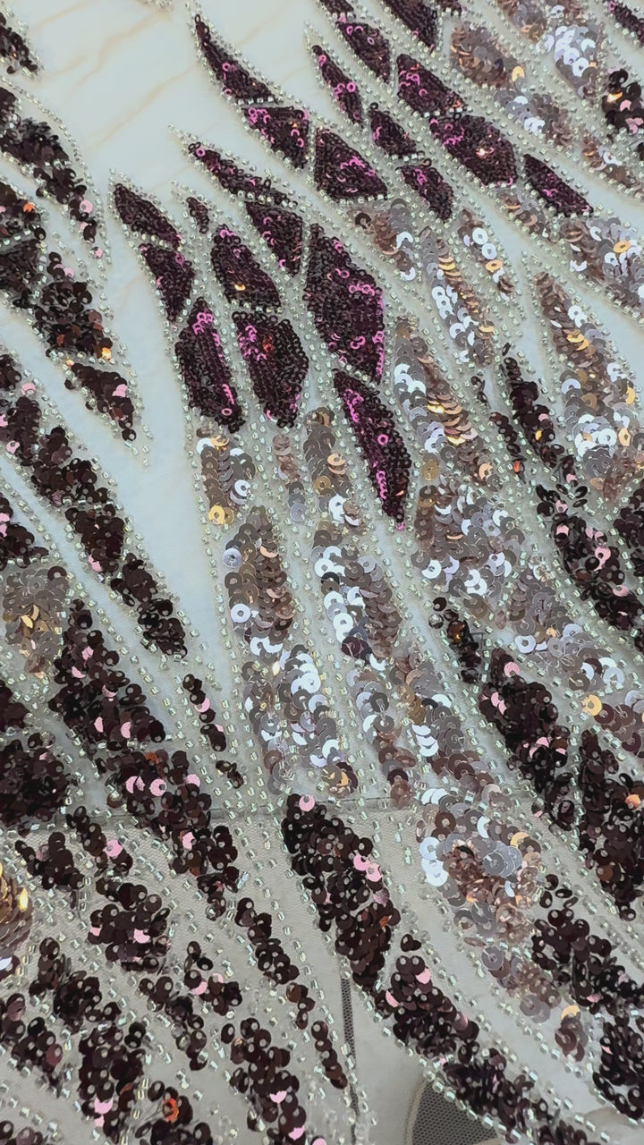 Burgundy & Rose Gold Sequin Beaded Tulle Fabric – Luxury Couture Material for Evening & Bridal Gowns