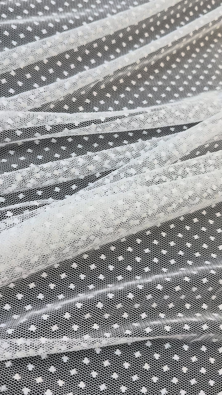 Luxury White Polka Dot Tulle Fabric – Soft Sheer Mesh for Couture & Bridal( 1 Piece = 5 Meter)